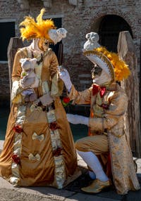 Les costumés du carnaval de Venise devant la Madonna de la Salute.