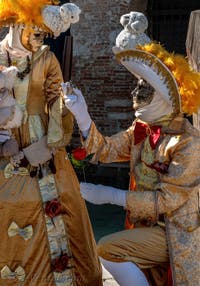 Les costumés du carnaval de Venise devant la Madonna de la Salute.