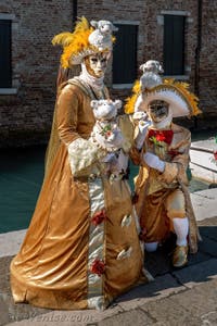 Les costumés du carnaval de Venise devant la Madonna de la Salute.