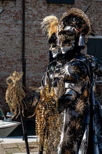 Les costumés du carnaval de Venise devant la Madonna de la Salute.