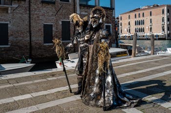 Les costumés du carnaval de Venise devant la Madonna de la Salute.