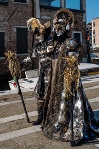 Les costumés du carnaval de Venise devant la Madonna de la Salute.