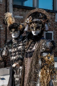 Les costumés du carnaval de Venise devant la Madonna de la Salute.