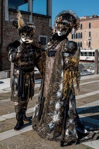 Les costumés du carnaval de Venise devant la Madonna de la Salute.