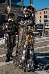 Les costumés du carnaval de Venise devant la Madonna de la Salute.