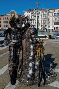 Les costumés du carnaval de Venise devant la Madonna de la Salute.