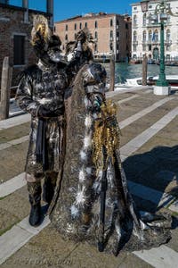 Les costumés du carnaval de Venise devant la Madonna de la Salute.