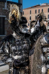 Les costumés du carnaval de Venise devant la Madonna de la Salute.