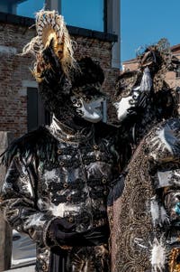 Les costumés du carnaval de Venise devant la Madonna de la Salute.