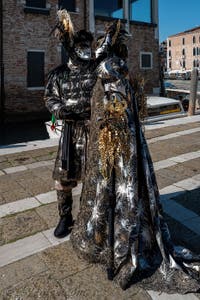 Les costumés du carnaval de Venise devant la Madonna de la Salute.