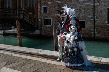 Les costumés du carnaval de Venise devant la Madonna de la Salute.