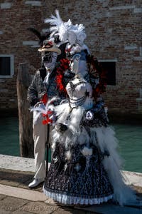 Les costumés du carnaval de Venise devant la Madonna de la Salute.