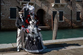 Les costumés du carnaval de Venise devant la Madonna de la Salute.