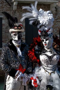 Les costumés du carnaval de Venise devant la Madonna de la Salute.