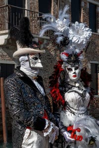 Les costumés du carnaval de Venise devant la Madonna de la Salute.