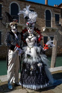 Les costumés du carnaval de Venise devant la Madonna de la Salute.