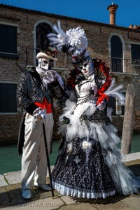 Les costumés du carnaval de Venise devant la Madonna de la Salute.