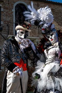 Les costumés du carnaval de Venise devant la Madonna de la Salute.