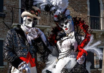 Les costumés du carnaval de Venise devant la Madonna de la Salute.