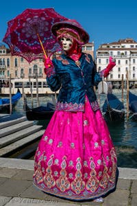 Les costumés du carnaval de Venise devant la Madonna de la Salute.