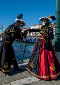 Les costumés du carnaval de Venise devant la Madonna de la Salute.