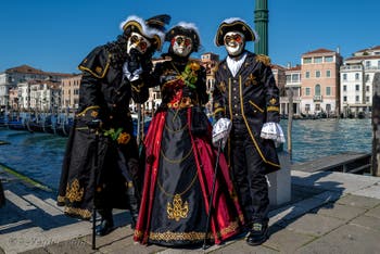 Les costumés du carnaval de Venise devant la Madonna de la Salute.