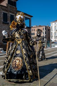 Les costumés du carnaval de Venise devant la Madonna de la Salute.