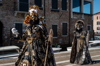 Les costumés du carnaval de Venise devant la Madonna de la Salute.