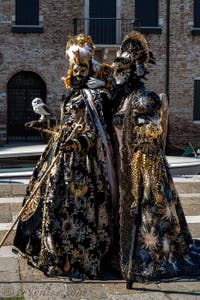 Les costumés du carnaval de Venise devant la Madonna de la Salute.