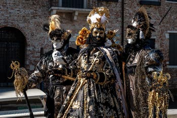 Les costumés du carnaval de Venise devant la Madonna de la Salute.