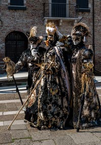 Les costumés du carnaval de Venise devant la Madonna de la Salute.