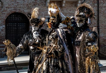 Les costumés du carnaval de Venise devant la Madonna de la Salute.