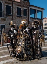 Les costumés du carnaval de Venise devant la Madonna de la Salute.