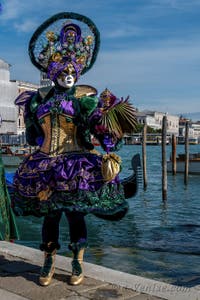 Les costumés du carnaval de Venise devant la Madonna de la Salute.