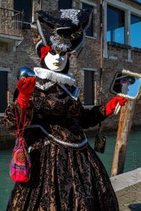 Les costumés du carnaval de Venise devant la Madonna de la Salute.