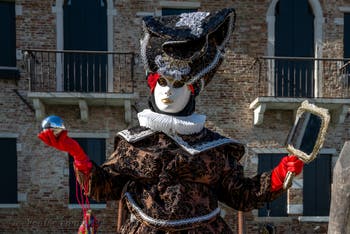 Les costumés du carnaval de Venise devant la Madonna de la Salute.