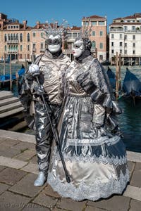 Les costumés du carnaval de Venise devant la Madonna de la Salute.