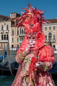 Les costumés du carnaval de Venise devant la Madonna de la Salute.