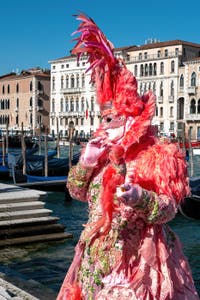 Les costumés du carnaval de Venise devant la Madonna de la Salute.