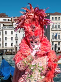 Les costumés du carnaval de Venise devant la Madonna de la Salute.