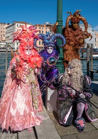 Les costumés du carnaval de Venise devant la Madonna de la Salute.