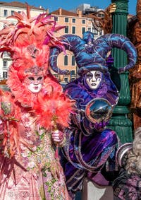 Les costumés du carnaval de Venise devant la Madonna de la Salute.