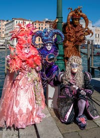 Les costumés du carnaval de Venise devant la Madonna de la Salute.