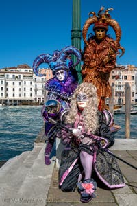 Les costumés du carnaval de Venise devant la Madonna de la Salute.