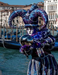 Les costumés du carnaval de Venise devant la Madonna de la Salute.