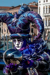 Les costumés du carnaval de Venise devant la Madonna de la Salute.