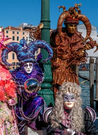 Les costumés du carnaval de Venise devant la Madonna de la Salute.