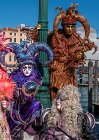 Les costumés du carnaval de Venise devant la Madonna de la Salute.