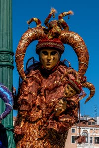 Les costumés du carnaval de Venise devant la Madonna de la Salute.