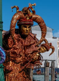 Les costumés du carnaval de Venise devant la Madonna de la Salute.